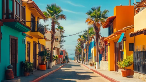 Chromatic coastal streetscape with palm-lined vanishing axis.