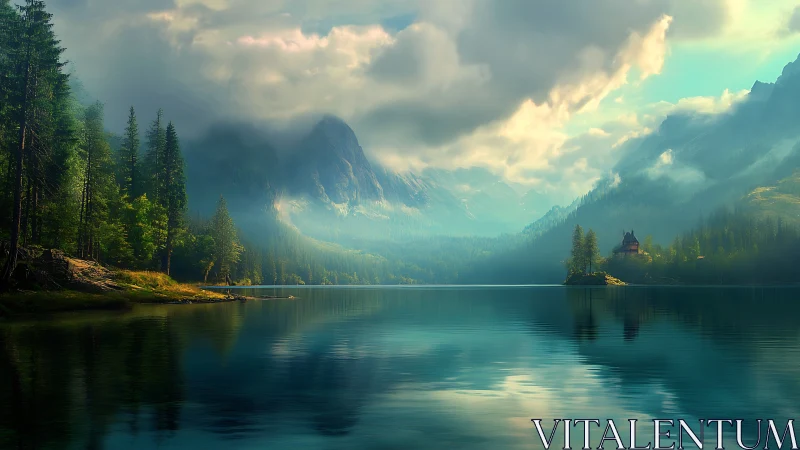Mist-draped mountain lake cradling a secret forest manor.