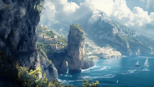 Amalfi Coast Dream: Dramatic Cliffs and Sailing Vessels at Sea