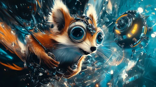 Cybernetic squirrel explorer amid neon orbital debris.