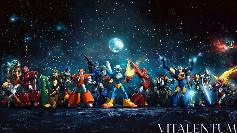 Star-drenched mecha heroes ignite a cosmic battle line