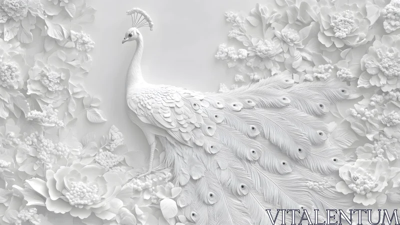 Elegant white peacock in intricate floral paper art style.