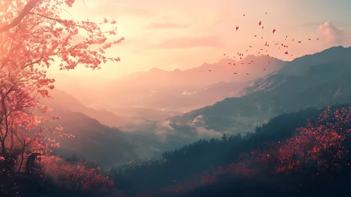 Soft sunrise over misty mountains and cherry blossoms.