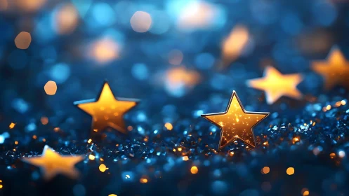 Glowing golden stars sparkle over dreamy blue bokeh lights