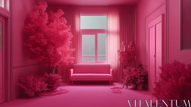 Monochromatic pink interior shows sofa, plants and window