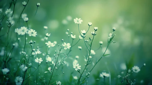 Delicate white wildflowers in dreamy teal meadow light.