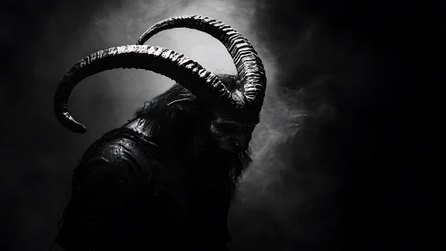 Low key portrait of horned demonic figure in dramatic smoke