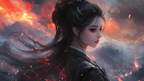 Stormlit warrior gazes over burning mountains at dusk