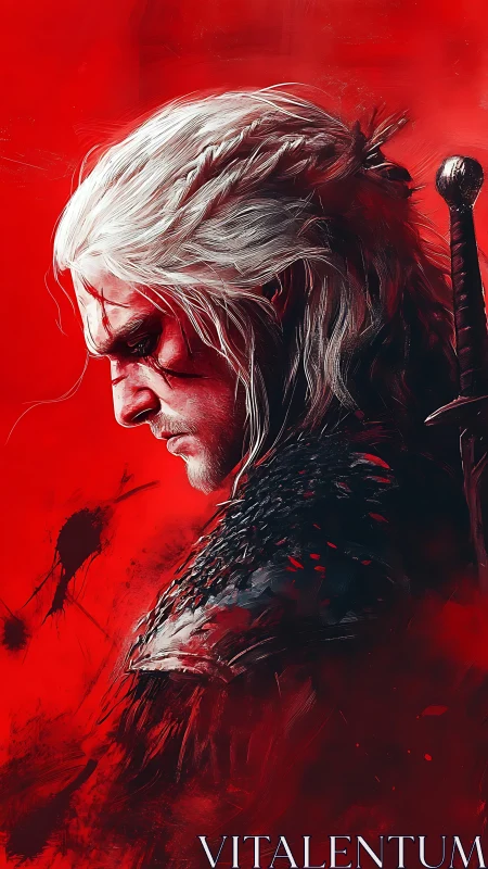 White-haired warrior profile against blood-red abstraction.