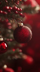 Red glitter bauble hangs from Christmas tree branch in bokeh glow