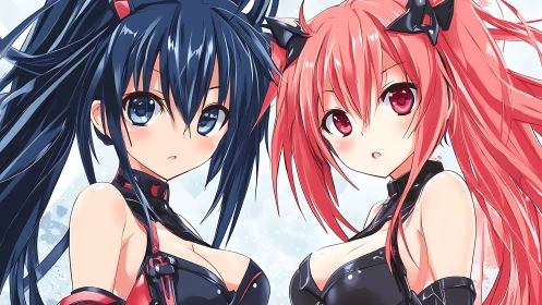 Twin anime characters stand in symmetrical close-up view