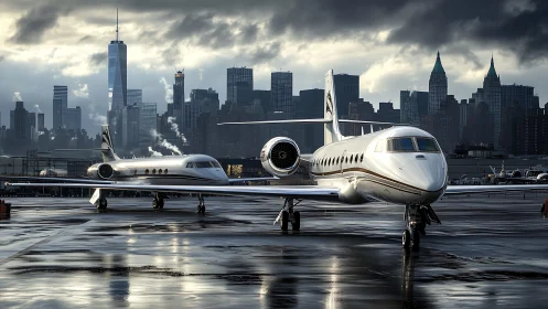 Twin executive jets on wet tarmac before dense urban skyline
