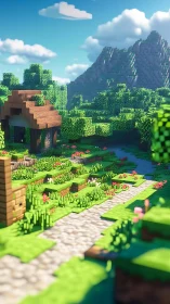 Voxel landscape render depicts path, trees, house and mountain
