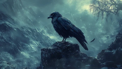 Midnight raven keeps gentle watch over a misty winter valley