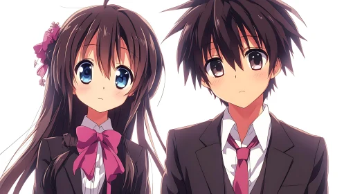 Anime students gaze forward in soft uniform portrait.