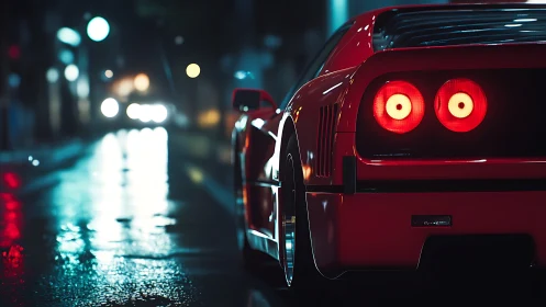 Red sports car rear view is shown on wet urban street