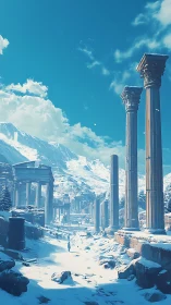 Snowbound classical ruins under crisp alpine atmosphere and hard light