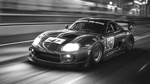 Monochrome racing coupe cuts through illuminated city tunnel.