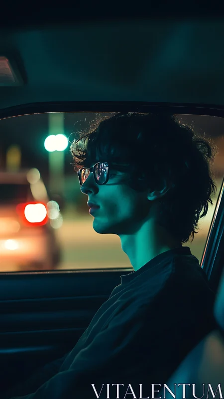 Young man in car at night under teal and orange lights.