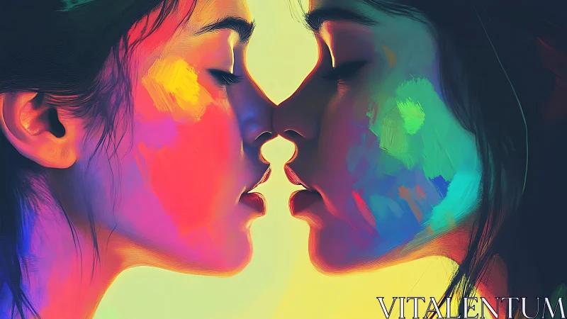 Two mirrored female profiles nearly touching with vivid colors