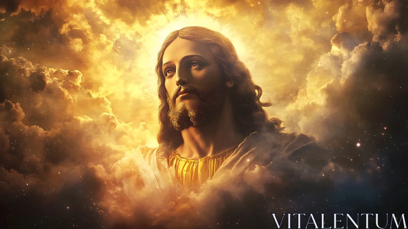 Radiant heavenly figure emerges gently from glowing clouds