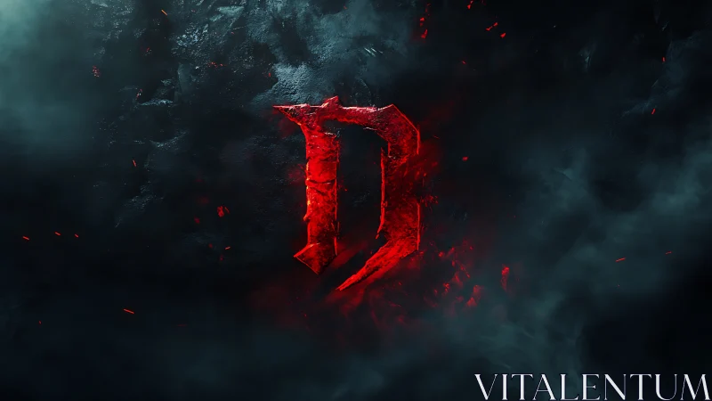 Molten crimson letter D in swirling dark smoke field.