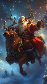 Santa rides reindeer through snowy night sky in motion
