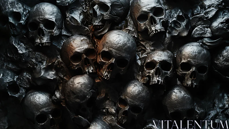 Metallic skull wall in dense layered sculptural relief.