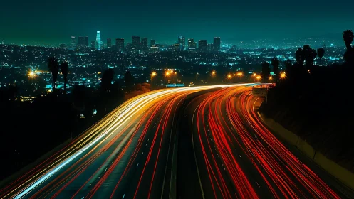Night highway traffic trails lead toward illuminated city skyline