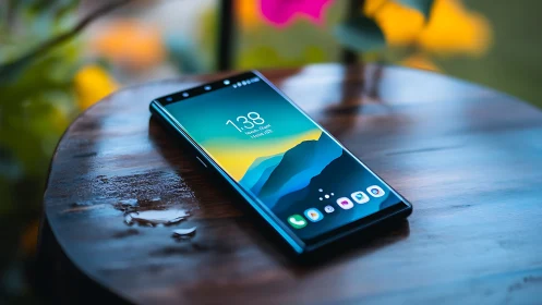 Mobile device displayed on wooden surface with blurred garden background.