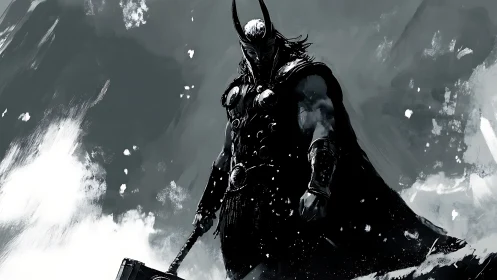 Storm-charged Norse warrior stands amid swirling winter sky