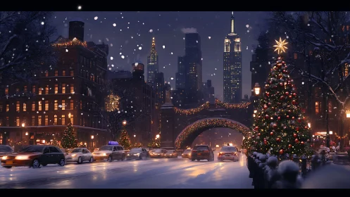 Snowy city street glowing with cozy holiday lights at dusk.