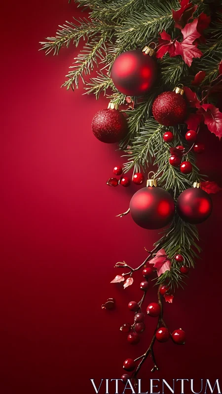 Red Christmas baubles nestle in evergreen holiday cascade.