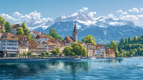 Lakeside European town sits below snow covered mountain range