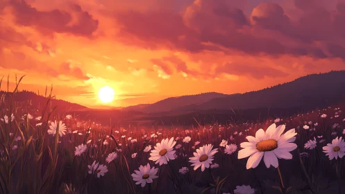 Sunset over daisy meadow with distant rolling hills.