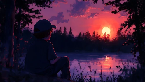 Child silhouette observing saturated lakeside sunset horizon.