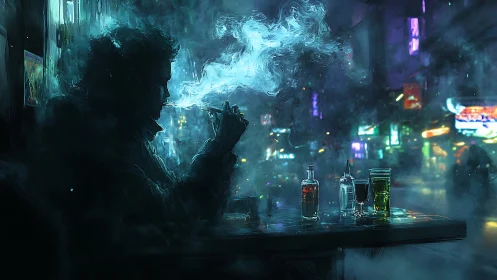 Solitary smoker in neon bar haze, cyberpunk city nightscape.