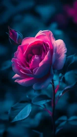 Neon Rose Blooms in Moody Blue Twilight
