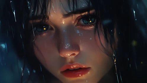 Rain-soaked gaze catching city lights in quiet heartbreak.