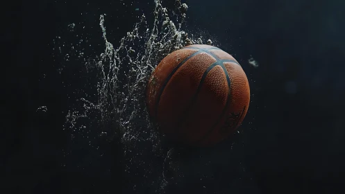Basketball in midair with water splashes against dark background.