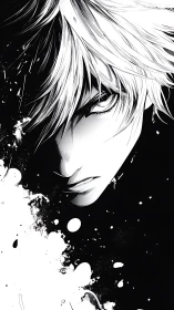 Brooding manga portrait in stark black and white ink splatter.