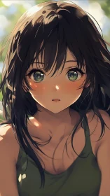 Sunlit garden breeze pauses inside her wide green eyes