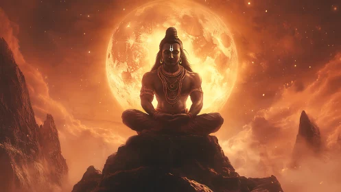 Divine yogic figure silhouetted against hyperreal lunar backlight