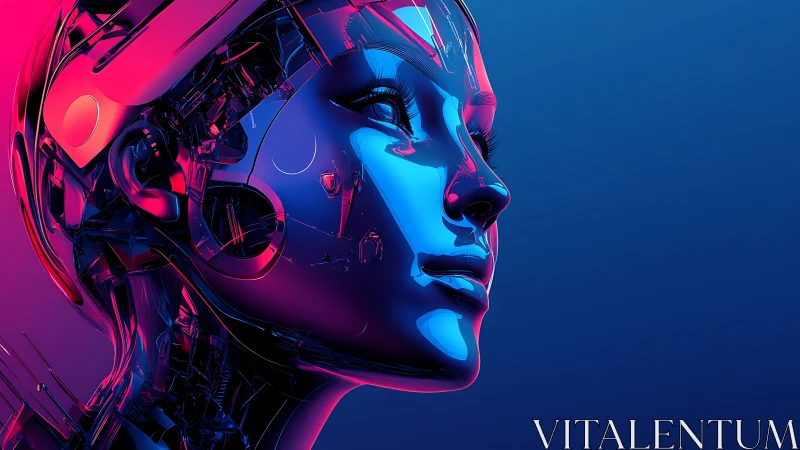 Profile of illuminated humanoid robot head in neon colors.