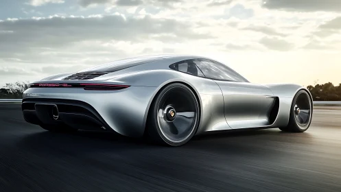 Silver Porsche concept sports car on open highway at speed.