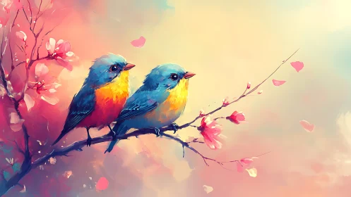 Two Colorful Birds on Blossom Branch, Dreamy Watercolor Style.
