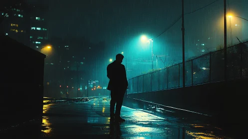Solitary night walk under neon rainlit city glow.