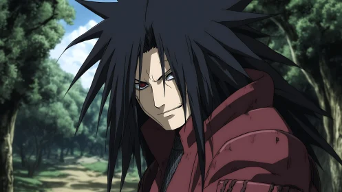 Stoic anime warrior in crimson armor amid quiet forest path.