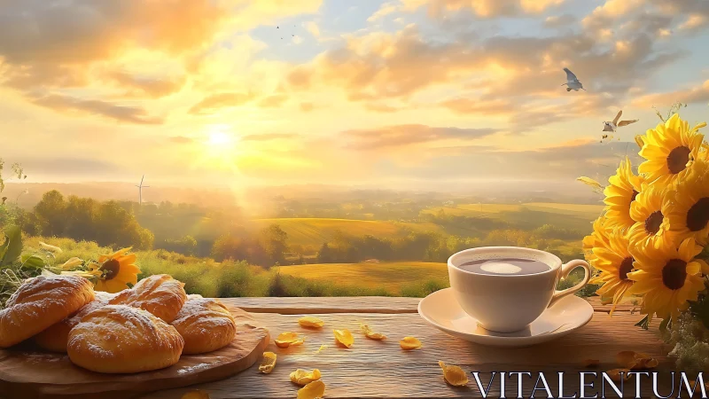 Sunrise breakfast dreamscape with coffee, pastries and sunflowers.