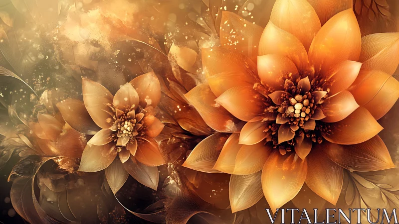 Molten amber blossoms drift through a cosmic dusk garden